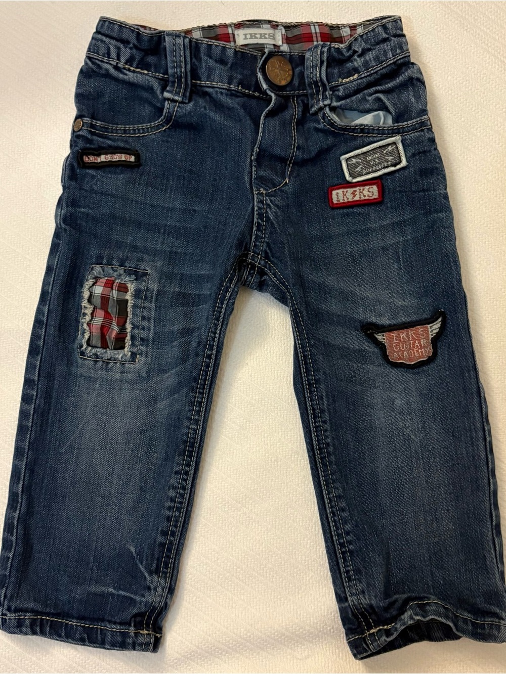 Ikks Dark Blue Slim Boys Jeans with Patch & Plaid Details